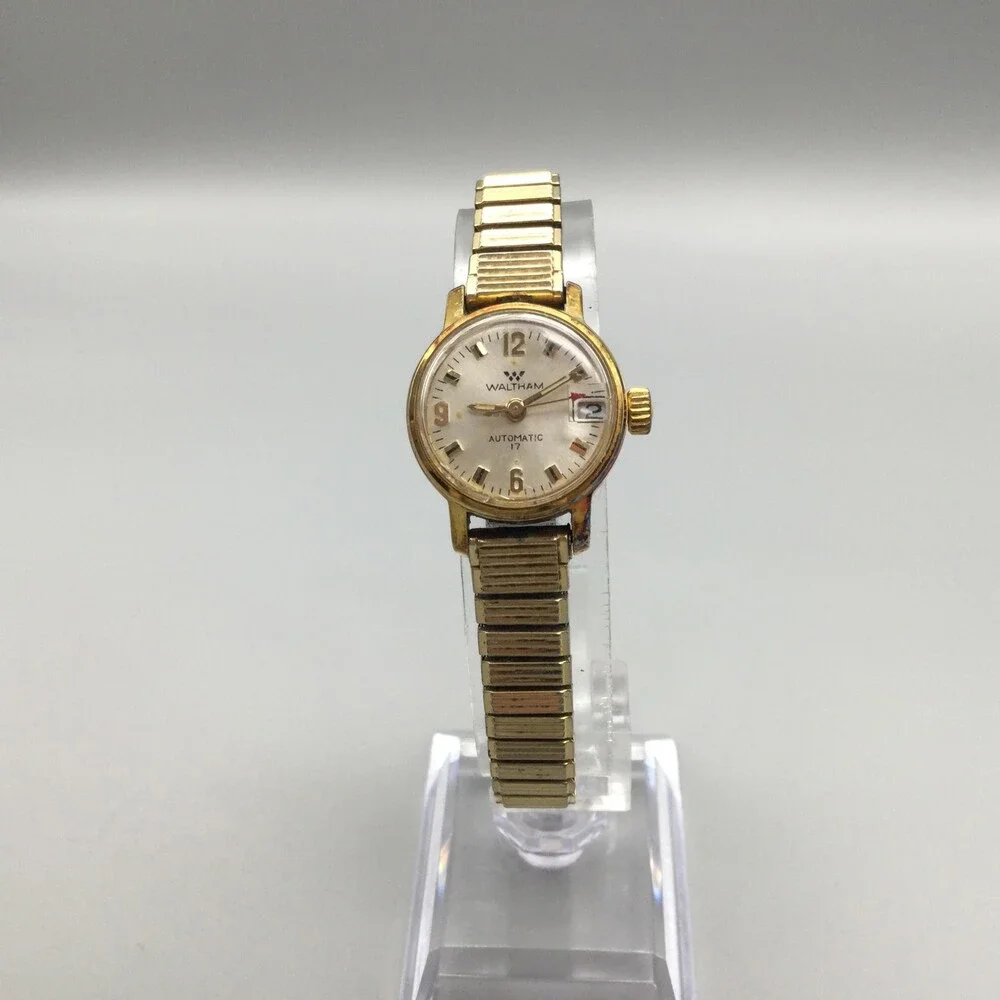 Vintage Waltham Automatic Womens Watch 21mm CRACKED CRYSTAL Gold Tone Bracelet